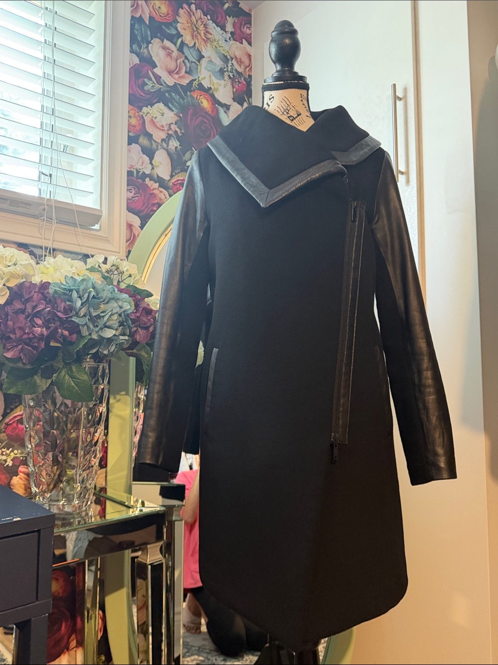 Stunning Danier Black Wool Trench Coat with Leather Sleeves